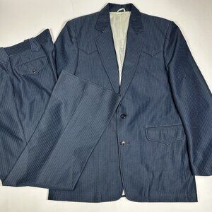 Vtg Lasso Western Wear Men Suit Jacket & Pants Navy Blue Striped Lined Sz 40L ?!